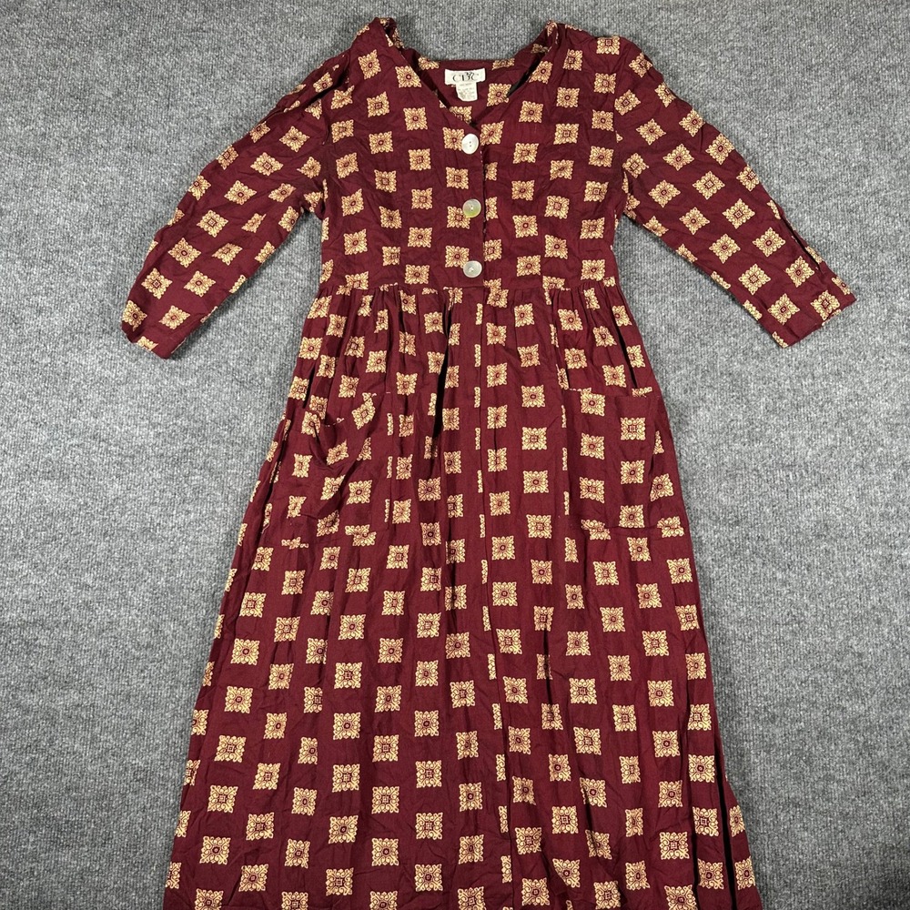 CDC Maxi Dress Womens Size 4 Burgundy Rayon Boho Geometric Print Button Front